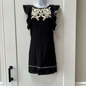 THML navy cream embroidered flutter‎ sleeve linen like dress size S